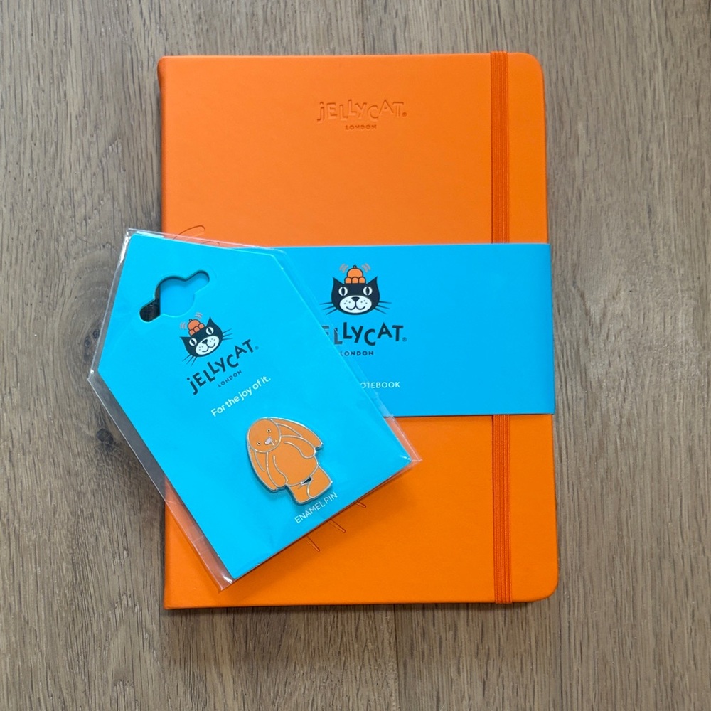 Jellycat Notebook and Orange Jellycat bunny pin, Jellycat Bagel with cover&bag